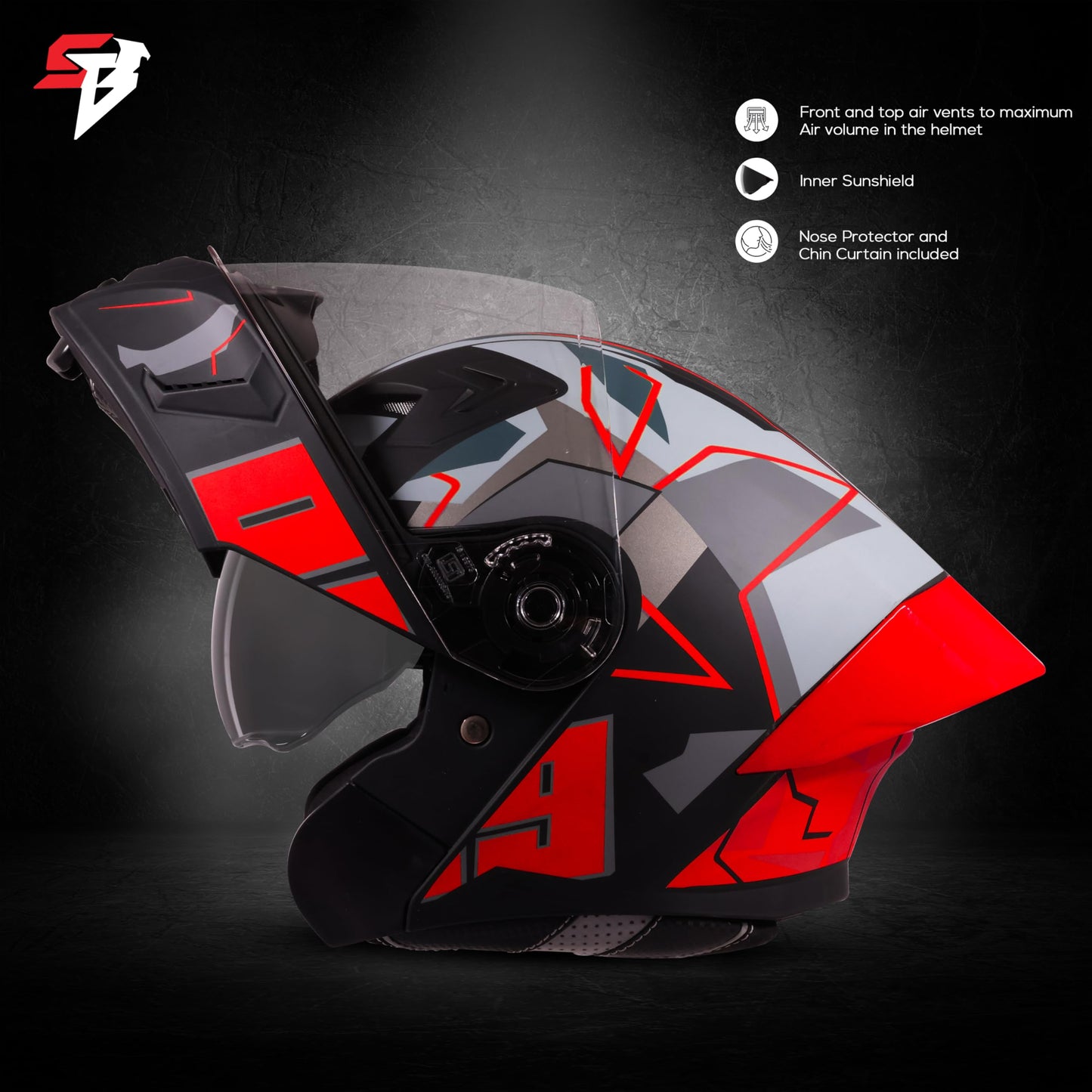 Steelbird SBA-20 09 ISI Certified Flip-Up Graphic Helmet for Men and Women with Inner Chrome Sun Shield (Glossy Black Red)
