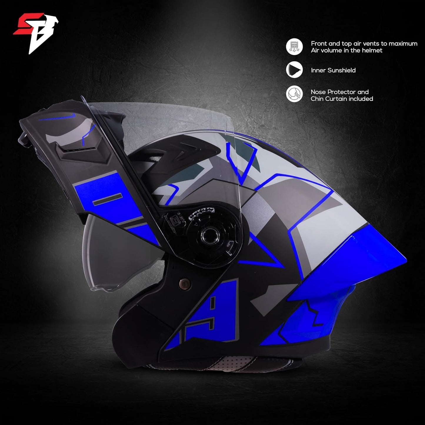 Steelbird SBA-20 09 ISI Certified Flip-Up Graphic Helmet for Men and Women with Inner Chrome Sun Shield (Glossy Black Blue)