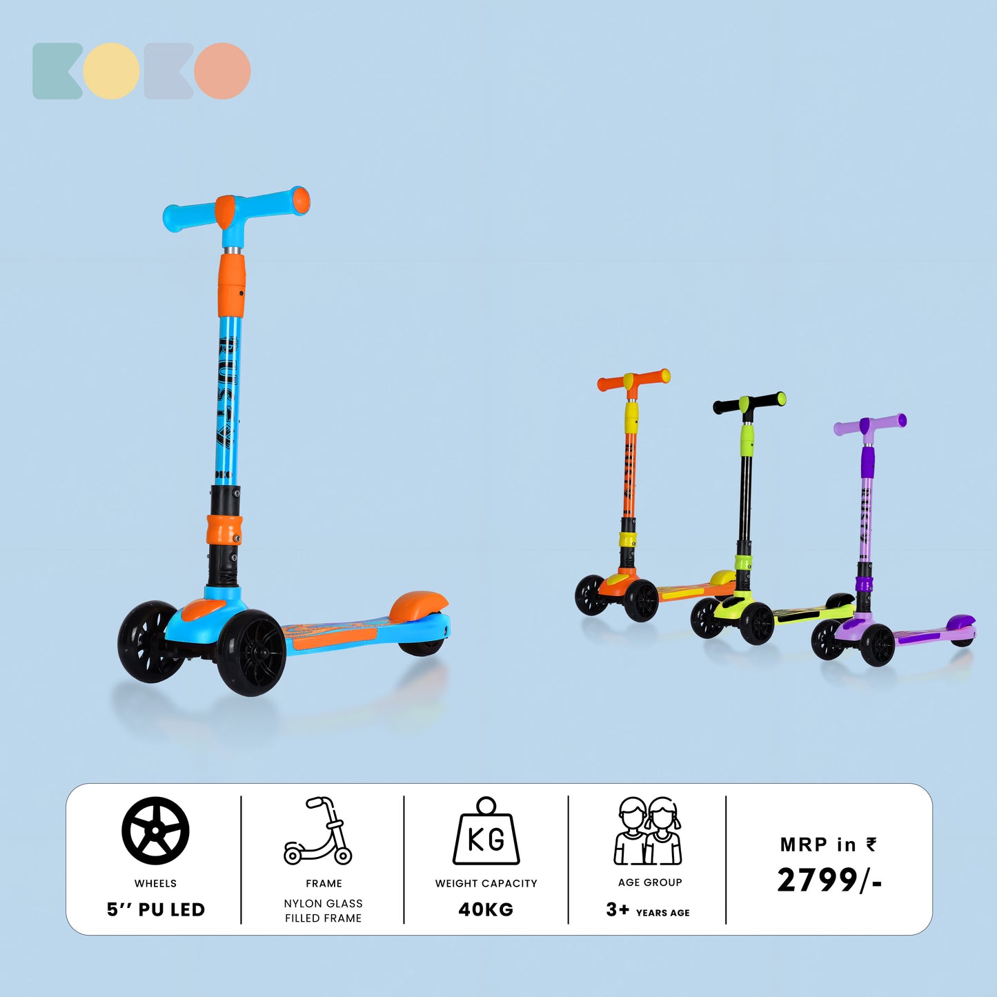 Refurbished Koko Rusty Kick Scooter with Adjustable Height and Portable, Kids Scooter with PVC Wheels for Age 3+ (Max User Weight: 40kg)(Blue)