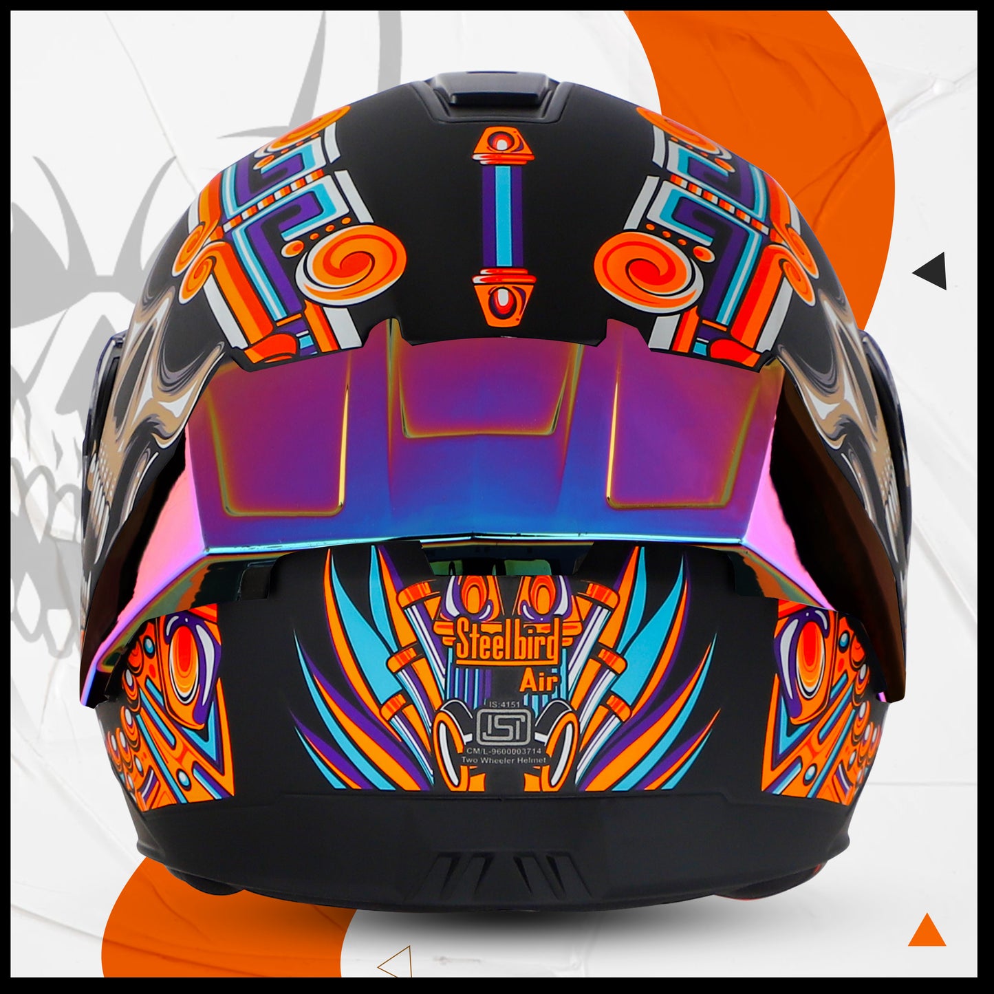 Steelbird SBA-8 Hunt ISI Certified Flip-Up Graphic Helmet for Men and Women with Inner Smoke Sun Shield (Glossy Black Orange with Rainbow Spoiler and Chrome Rainbow Visor)