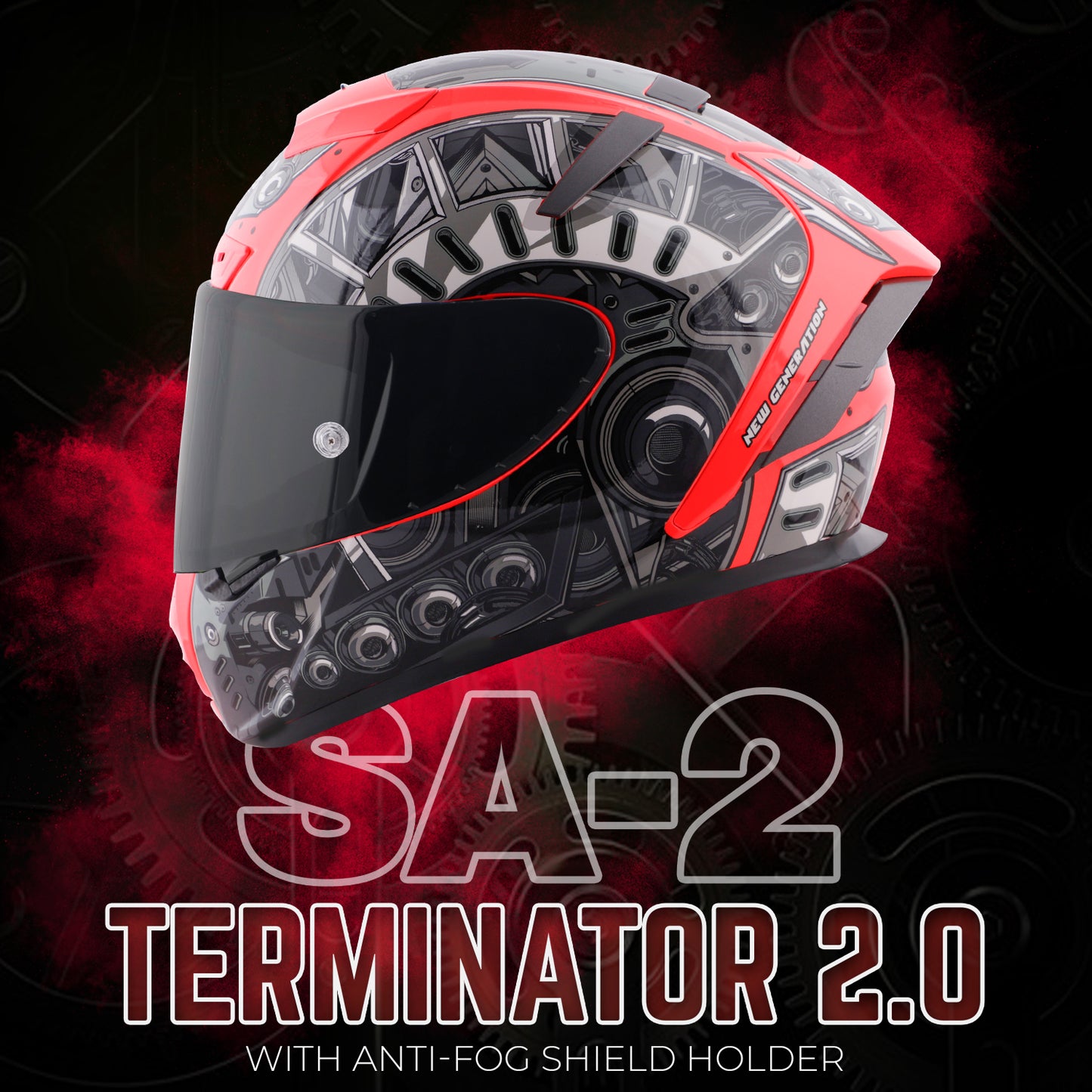Steelbird SA-2 Terminator 2.0 ISI Certified Full Face Graphic Helmet for Men and Women (Glossy Fluo Watermelon Grey with Smoke Visor)