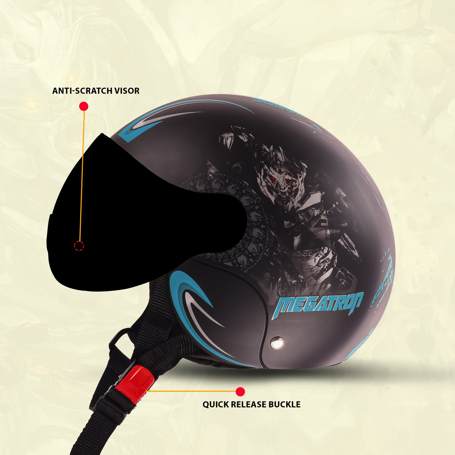 Steelbird SBH-16 Megatron ISI Certified Open Face Graphic Helmet for Men and Women (Glossy Black Light Blue with Smoke Visor)