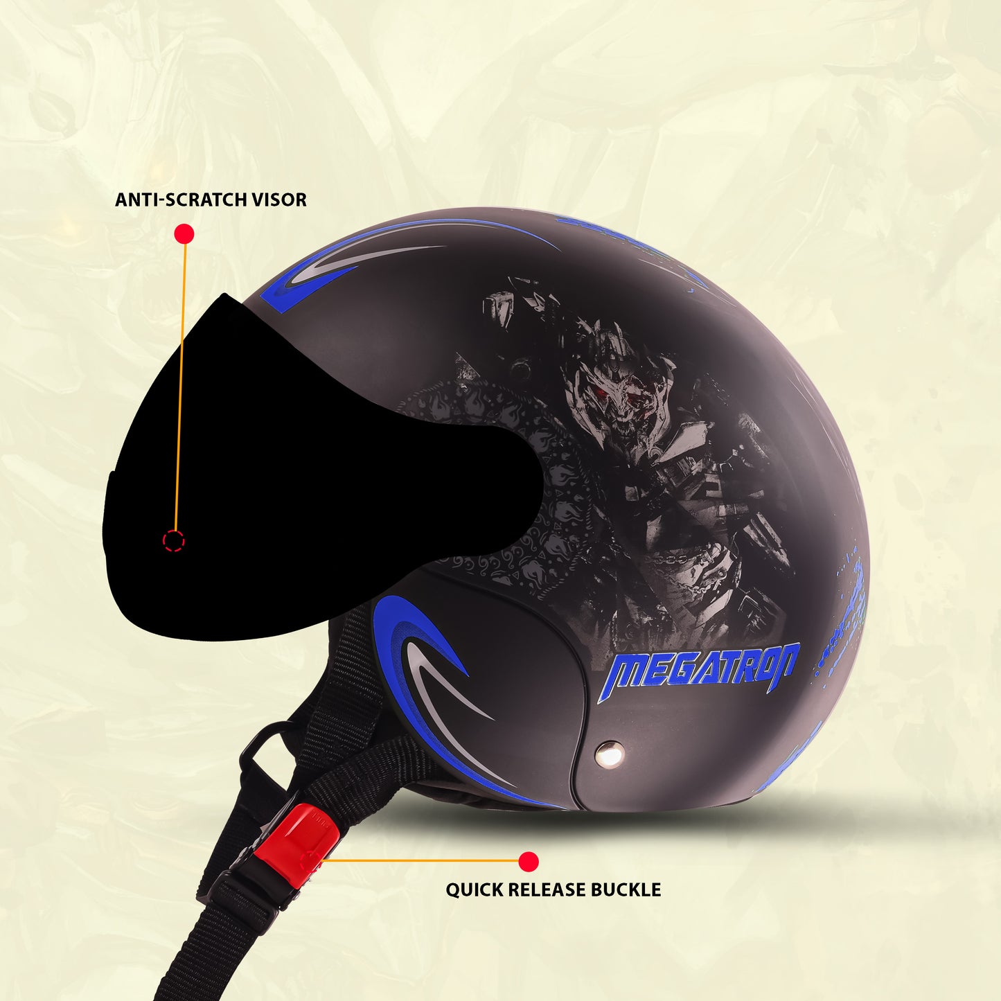 Steelbird SBH-16 Megatron ISI Certified Open Face Graphic Helmet for Men and Women (Glossy Black Dark Blue with Smoke Visor)