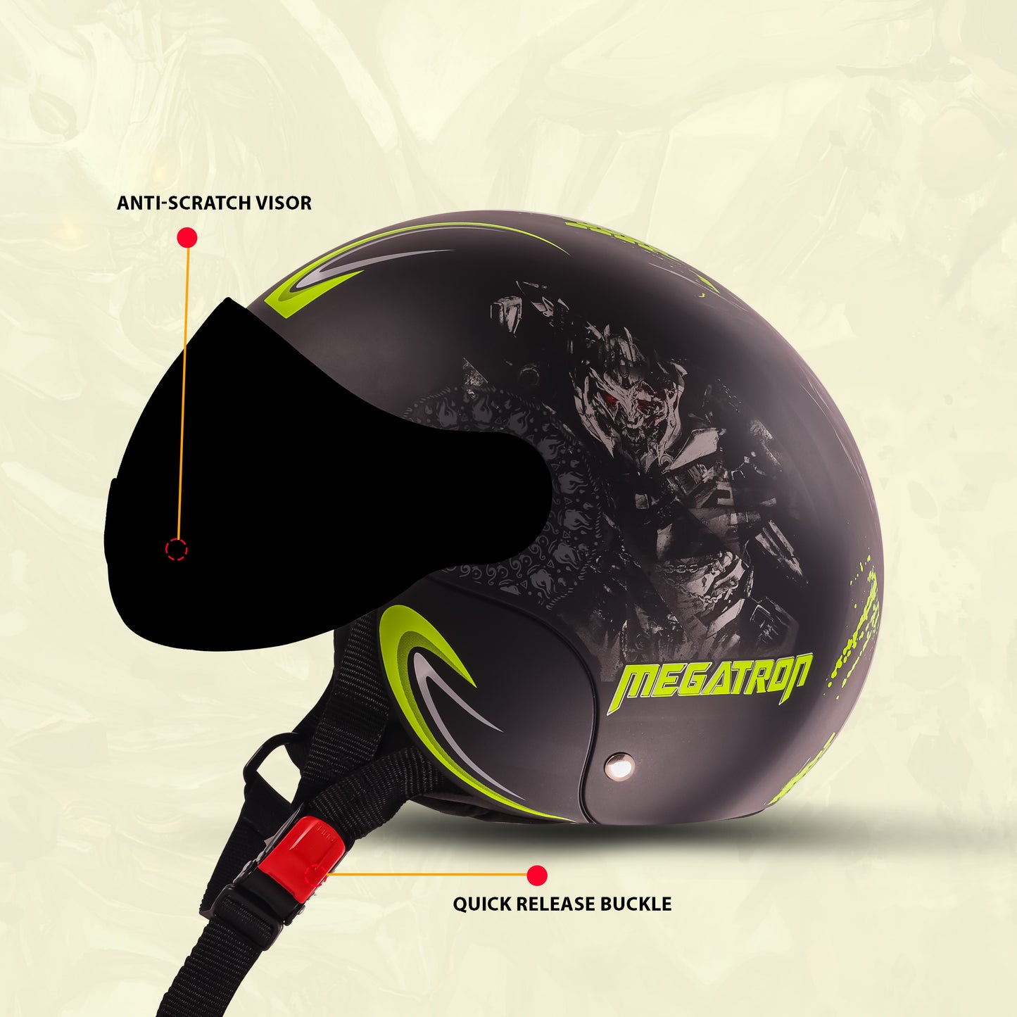 Steelbird SBH-16 Megatron ISI Certified Open Face Graphic Helmet for Men and Women (Glossy Black Neon with Smoke Visor)