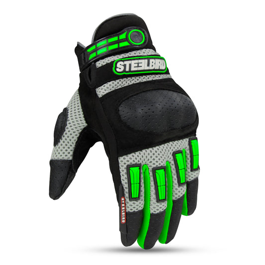Steelbird Adventure A-1 Full Finger Riding Gloves with Touch Screen Sensitivity at Thumb and Index Finger, Protective Off-Road Motorbike Racing (Green)