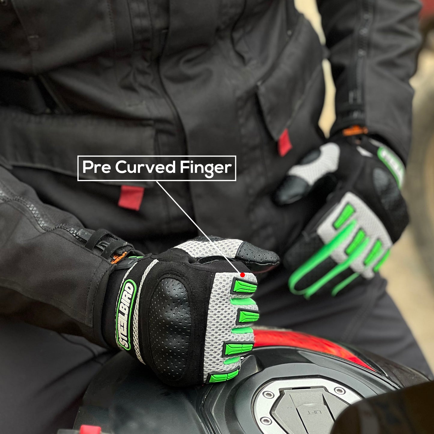 Steelbird Adventure A-1 Full Finger Riding Gloves with Touch Screen Sensitivity at Thumb and Index Finger, Protective Off-Road Motorbike Racing (Green)