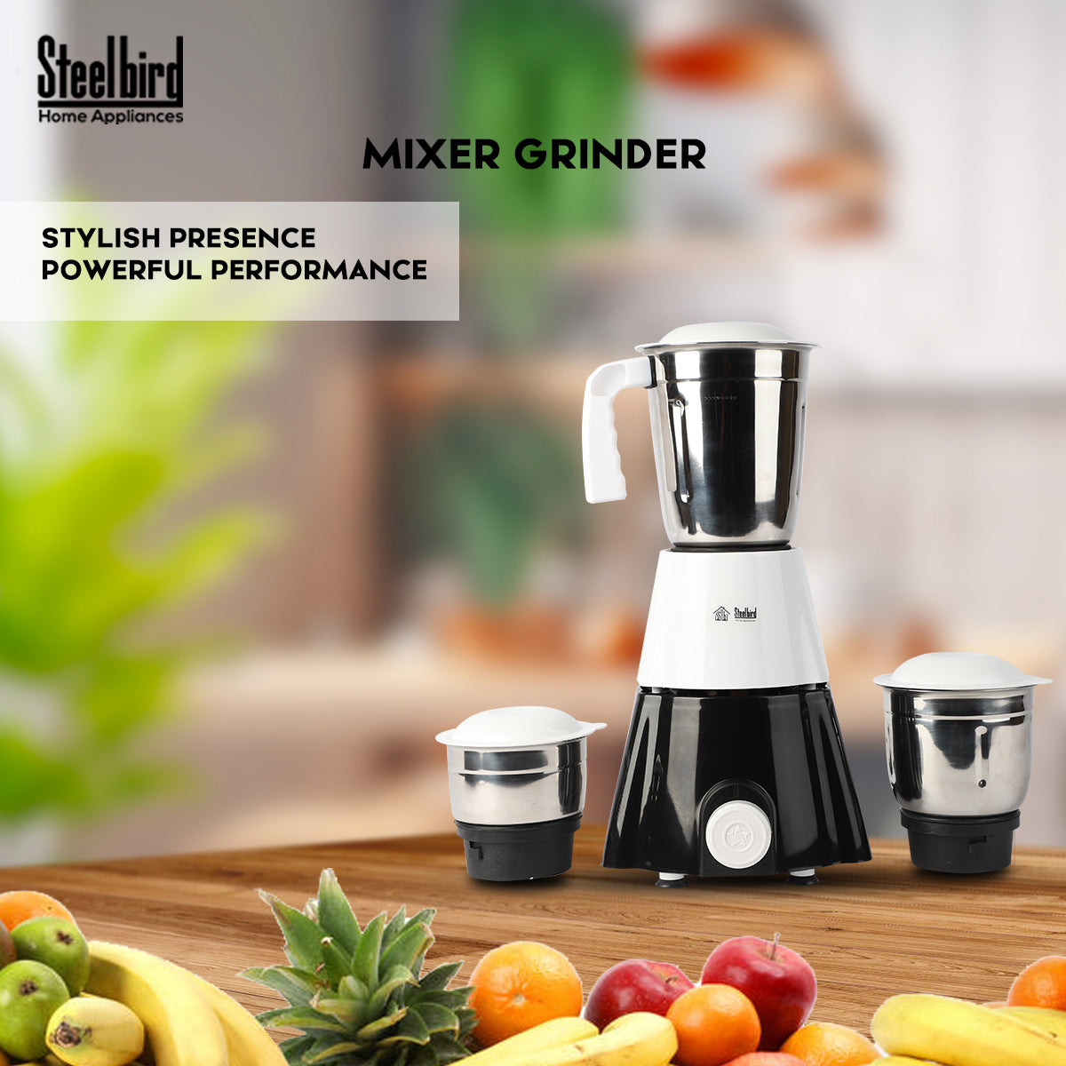 Steelbird Robot 500-Watt Mixer Grinder for (Liquidizing, Wet Grinding and Chutney Jar) with Stainless Steel blades (Black/White)