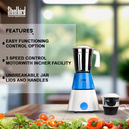 Steelbird Robot 500-Watt Mixer Grinder for (Liquidizing, Wet Grinding and Chutney Jar) with Stainless Steel blades (Blue/White/Blue)