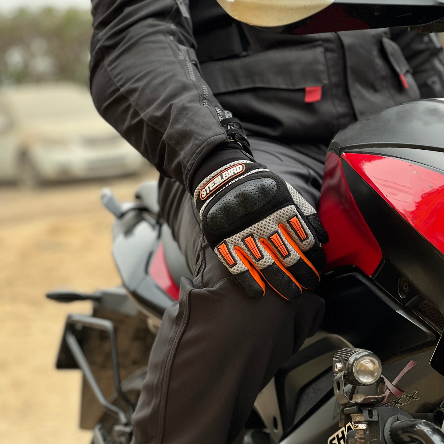 Steelbird Adventure A-1 Full Finger Riding Gloves with Touch Screen Sensitivity at Thumb and Index Finger, Protective Off-Road Motorbike Racing (Orange)