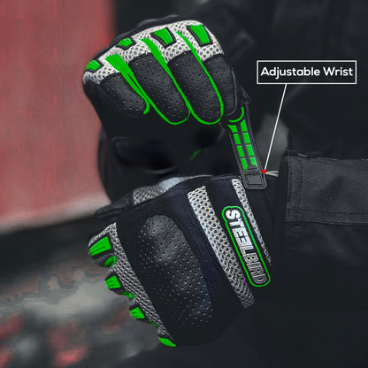 Steelbird Adventure A-1 Full Finger Riding Gloves with Touch Screen Sensitivity at Thumb and Index Finger, Protective Off-Road Motorbike Racing (Green)