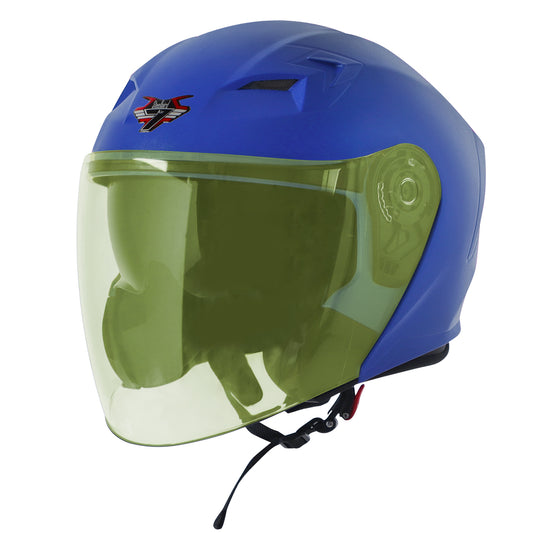Steelbird SBA-17 7Wings ISI Certified Open Face Helmet for Men and Women with Inner Smoke Sun Shield (Dashing Blue with Tinted Yellow Visor)