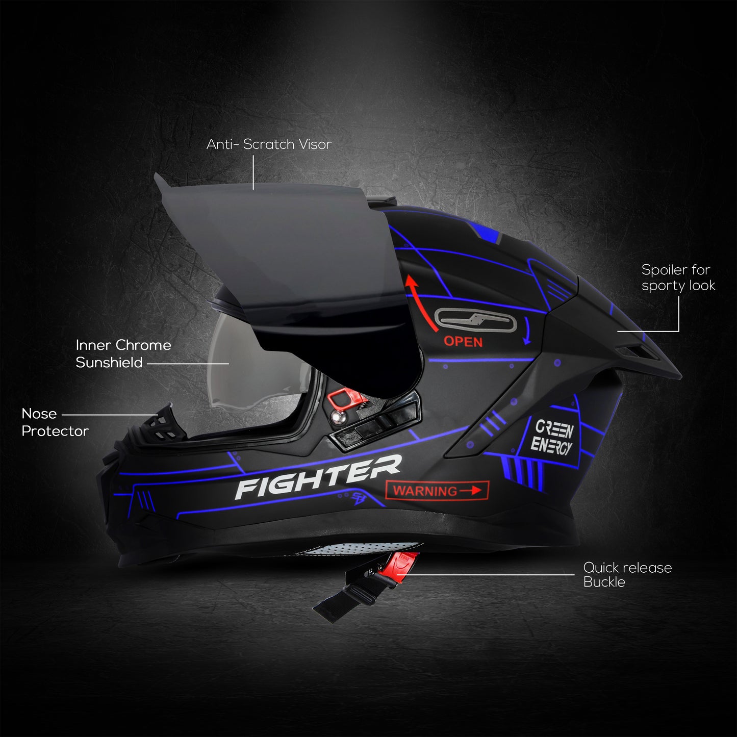 Steelbird SBH-57 Fighter F6 ISI and DOT Certified Full Face Graphic Helmet for Men and Women with Inner Silver Sun Shield (Glossy Black Blue)