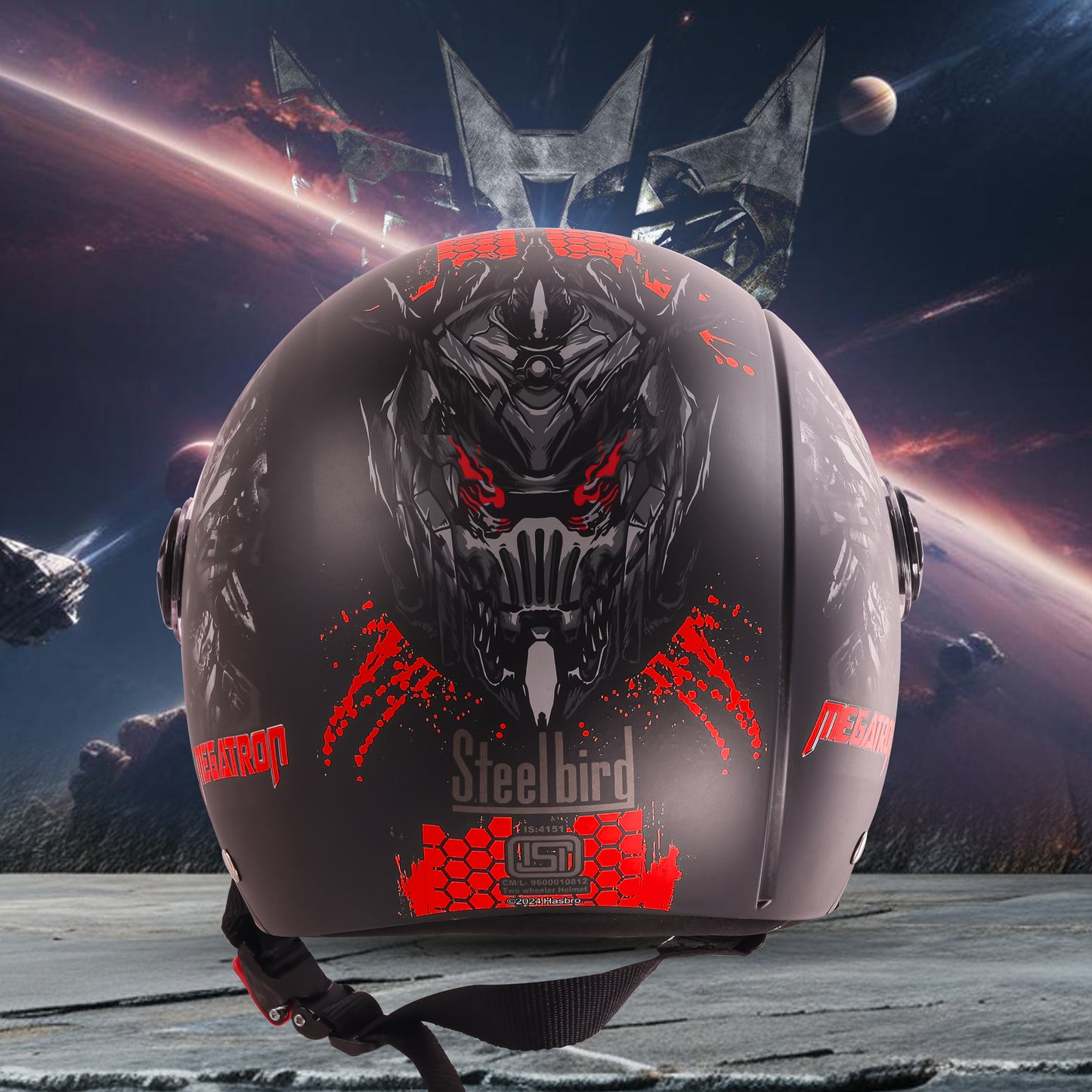 Steelbird SBH-16 Megatron ISI Certified Open Face Graphic Helmet for Men and Women (Glossy Black Red with Smoke Visor)