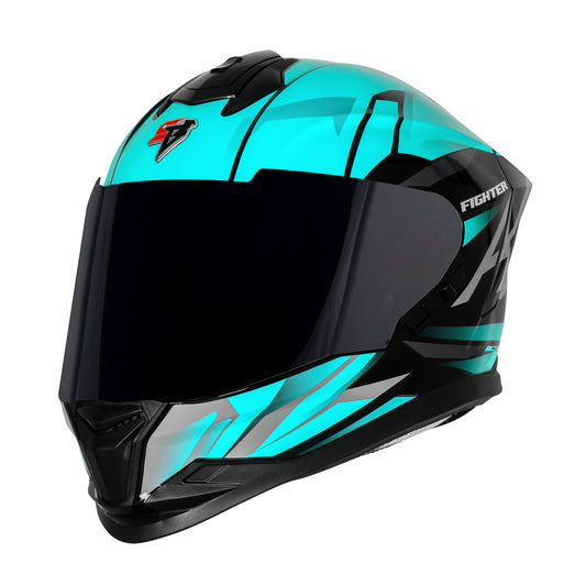 Steelbird SBH-57 Fighter F4 ISI and DOT Certified Full Face Helmet for Men and Women with Inner Silver Sun Shield (Glossy Black Sea Green)