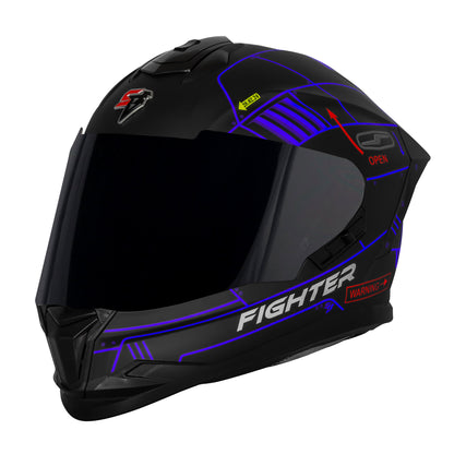 Steelbird SBH-57 Fighter F6 ISI and DOT Certified Full Face Graphic Helmet for Men and Women with Inner Silver Sun Shield (Glossy Black Blue)