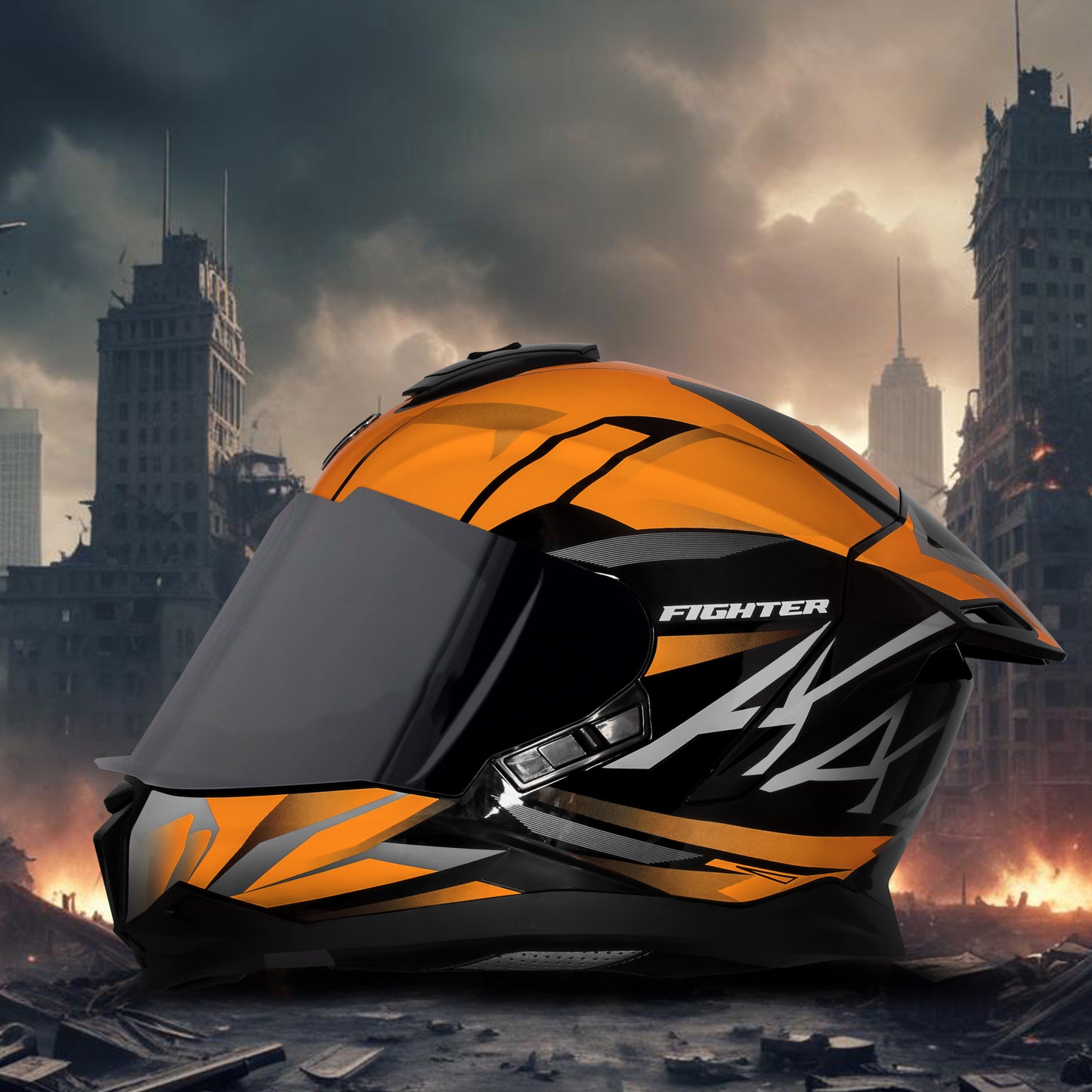 Steelbird SBH-57 Fighter F4 ISI and DOT Certified Full Face Helmet for Men and Women with Inner Silver Sun Shield (Glossy Black Orange)