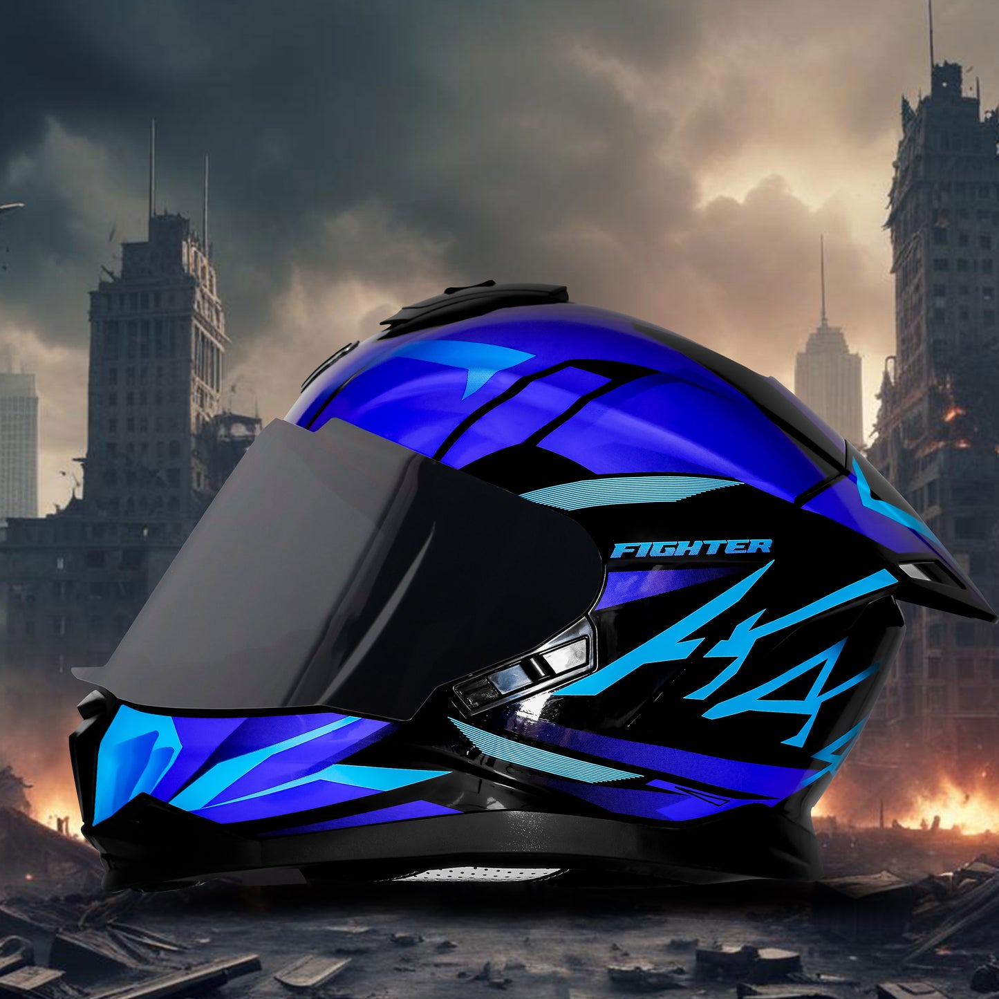 Steelbird SBH-57 Fighter F4 ISI and DOT Certified Full Face Helmet for Men and Women with Inner Silver Sun Shield (Glossy Black Sky Blue)