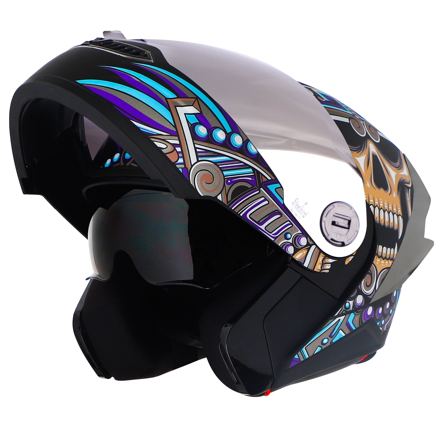 Steelbird SBA-8 Hunt ISI Certified Flip-Up Graphic Helmet for Men and Women with Inner Smoke Sun Shield (Glossy Black Jazz Blue with Silver Spoiler and Chrome Silver Visor)