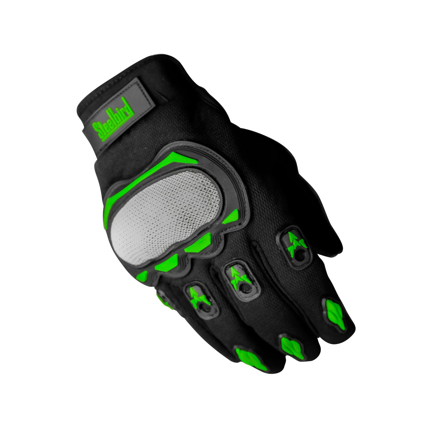 Refurbished Steelbird Experience 1.0 Reflective Full Finger Bike Riding Gloves with Touch Screen Sensitivity at Thumb and Index Finger, Protective Off-Road Motorbike Racing (Black Green)