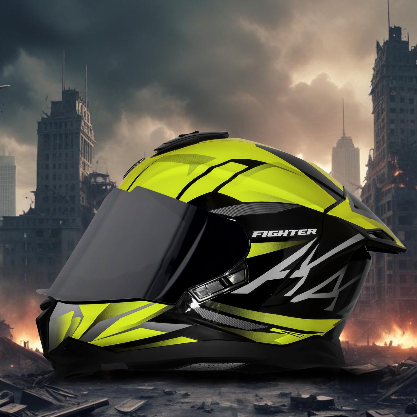 Steelbird SBH-57 Fighter F4 ISI and DOT Certified Full Face Helmet for Men and Women with Inner Silver Sun Shield (Glossy Black Fluo Yellow)