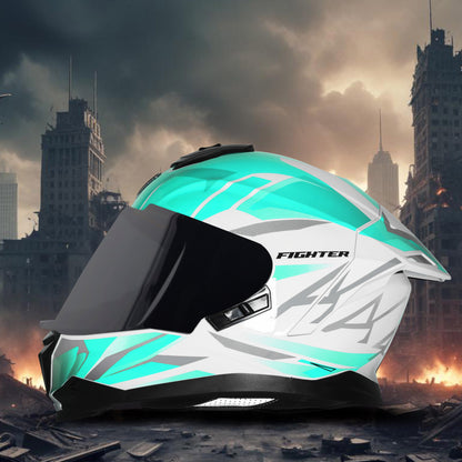 Steelbird SBH-57 Fighter F4 ISI and DOT Certified Full Face Helmet for Men and Women with Inner Silver Sun Shield (Glossy White Sea Green)