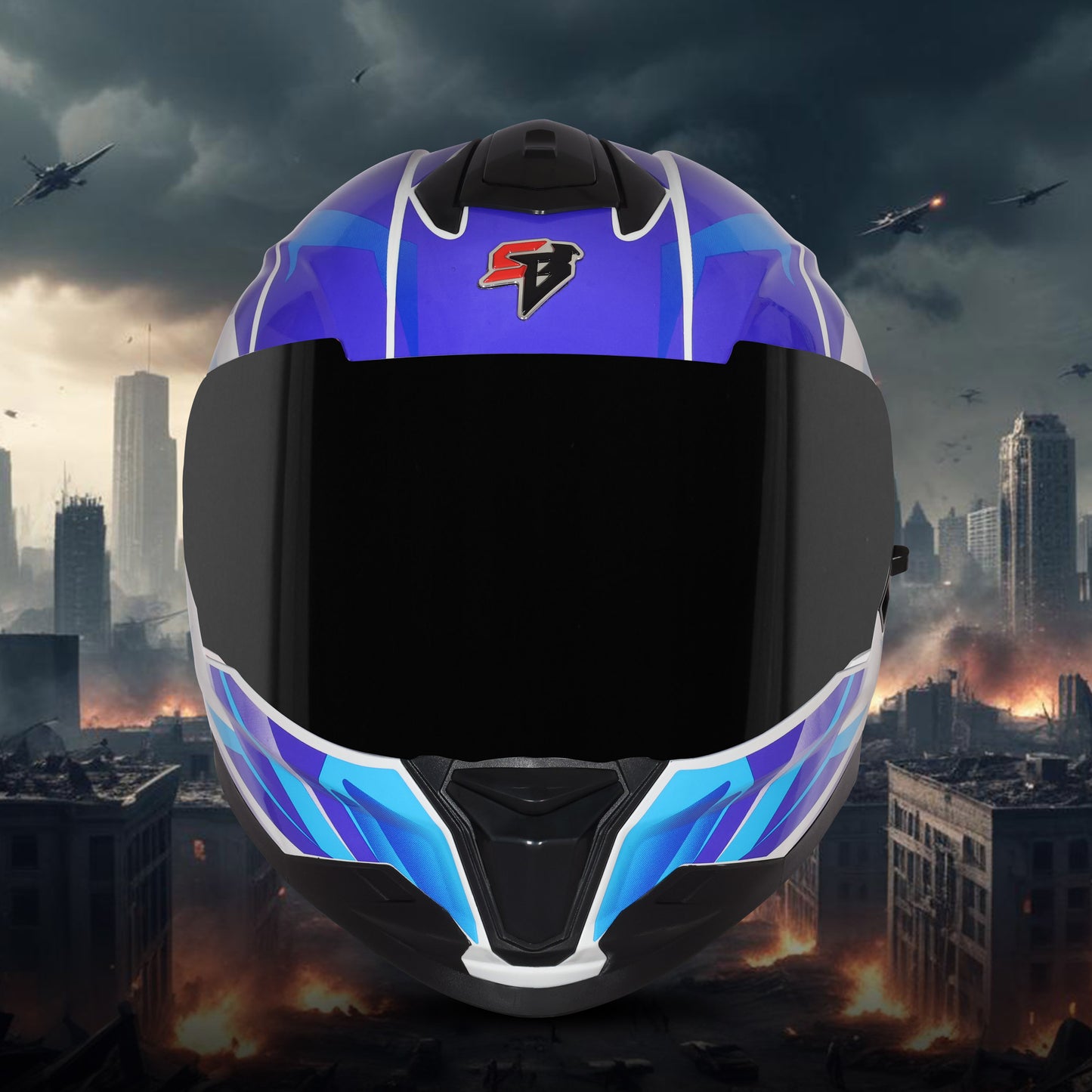 Steelbird SBH-57 Fighter F4 ISI and DOT Certified Full Face Helmet for Men and Women with Inner Silver Sun Shield (Glossy White Sky Blue)