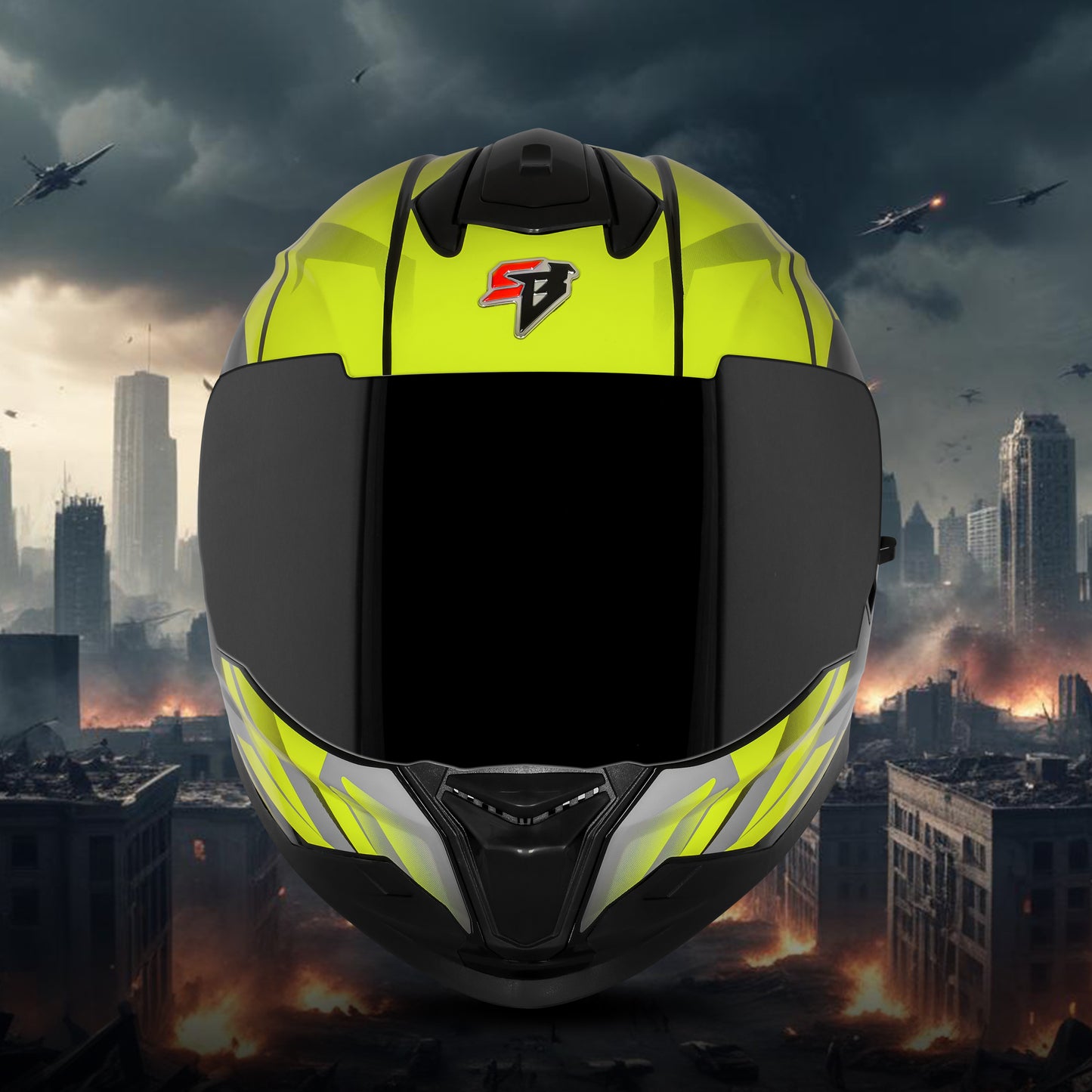 Steelbird SBH-57 Fighter F4 ISI and DOT Certified Full Face Helmet for Men and Women with Inner Silver Sun Shield (Glossy Black Fluo Yellow)