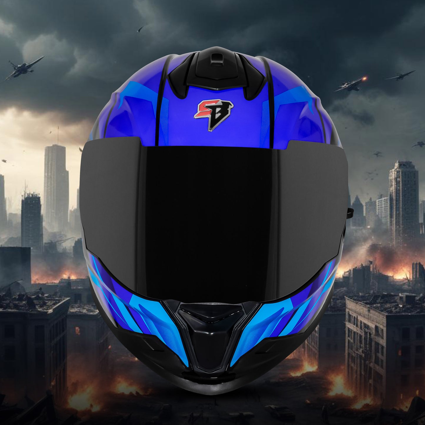 Steelbird SBH-57 Fighter F4 ISI and DOT Certified Full Face Helmet for Men and Women with Inner Silver Sun Shield (Glossy Black Sky Blue)