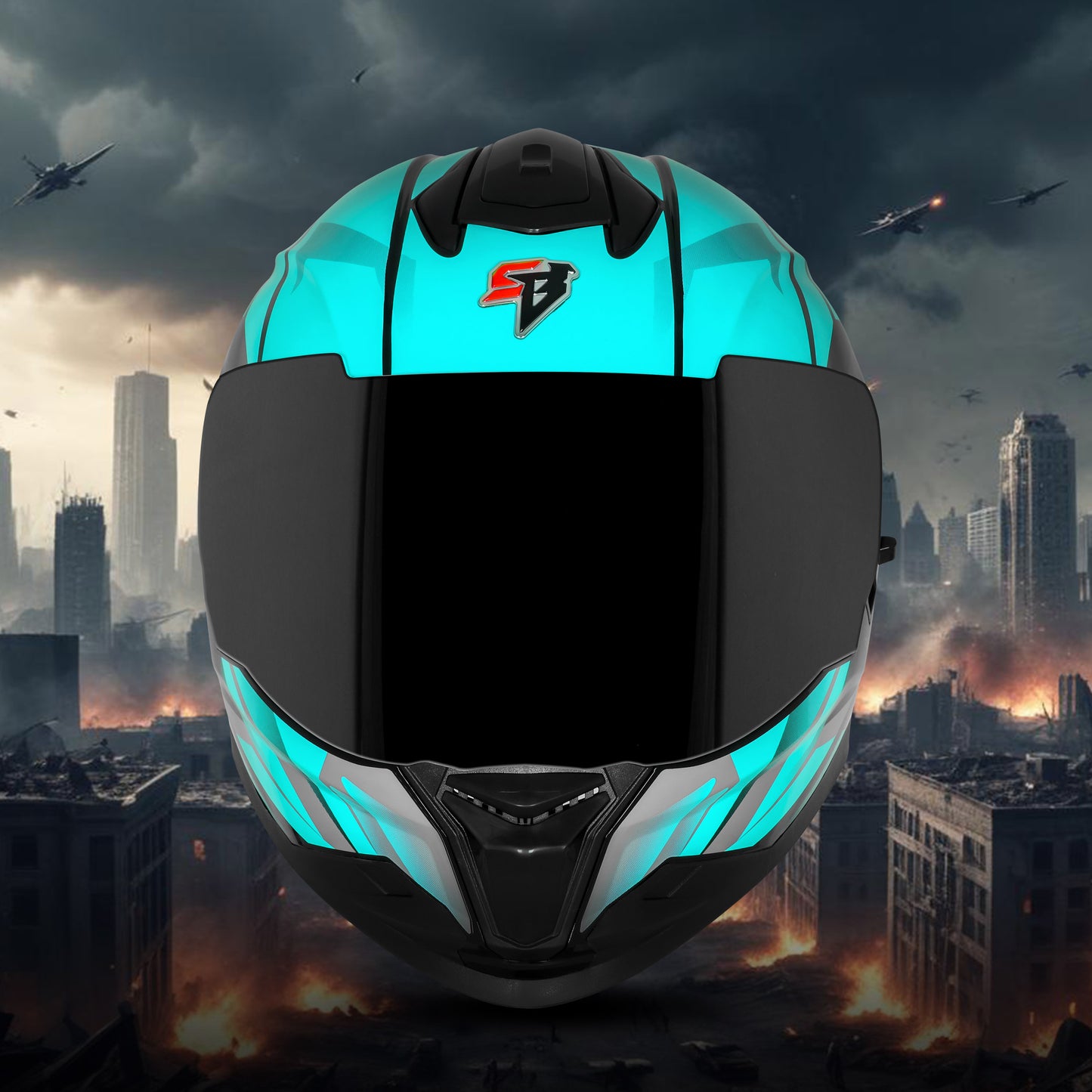 Steelbird SBH-57 Fighter F4 ISI and DOT Certified Full Face Helmet for Men and Women with Inner Silver Sun Shield (Glossy Black Sea Green)