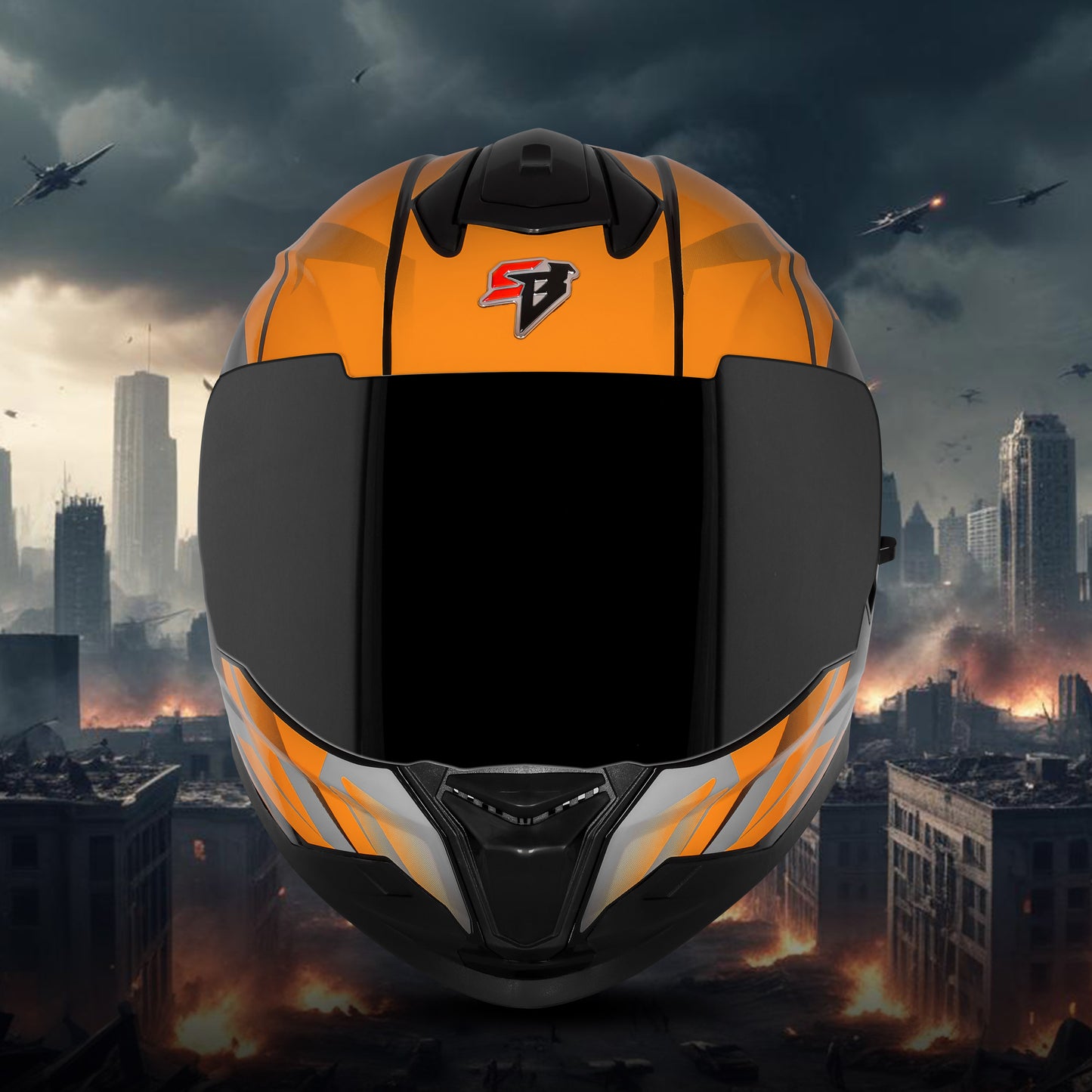 Steelbird SBH-57 Fighter F4 ISI and DOT Certified Full Face Helmet for Men and Women with Inner Silver Sun Shield (Glossy Black Orange)
