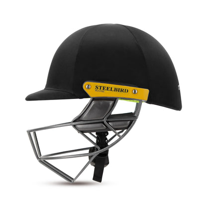Steelbird Hitz Mild Steel Premium Cricket Helmet for Men & Boys (Fixed Spring Steel Grill | Light Weight) (BlackFabric with Green Interior)