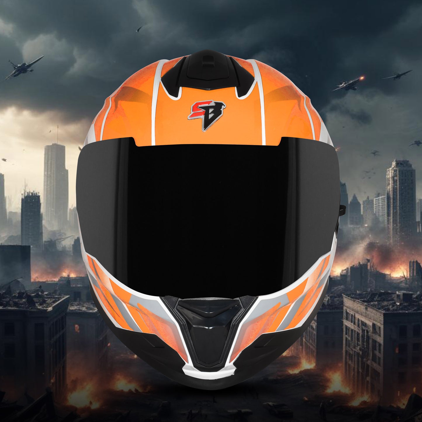 Steelbird SBH-57 Fighter F4 ISI and DOT Certified Full Face Helmet for Men and Women with Inner Silver Sun Shield (Glossy White Orange)