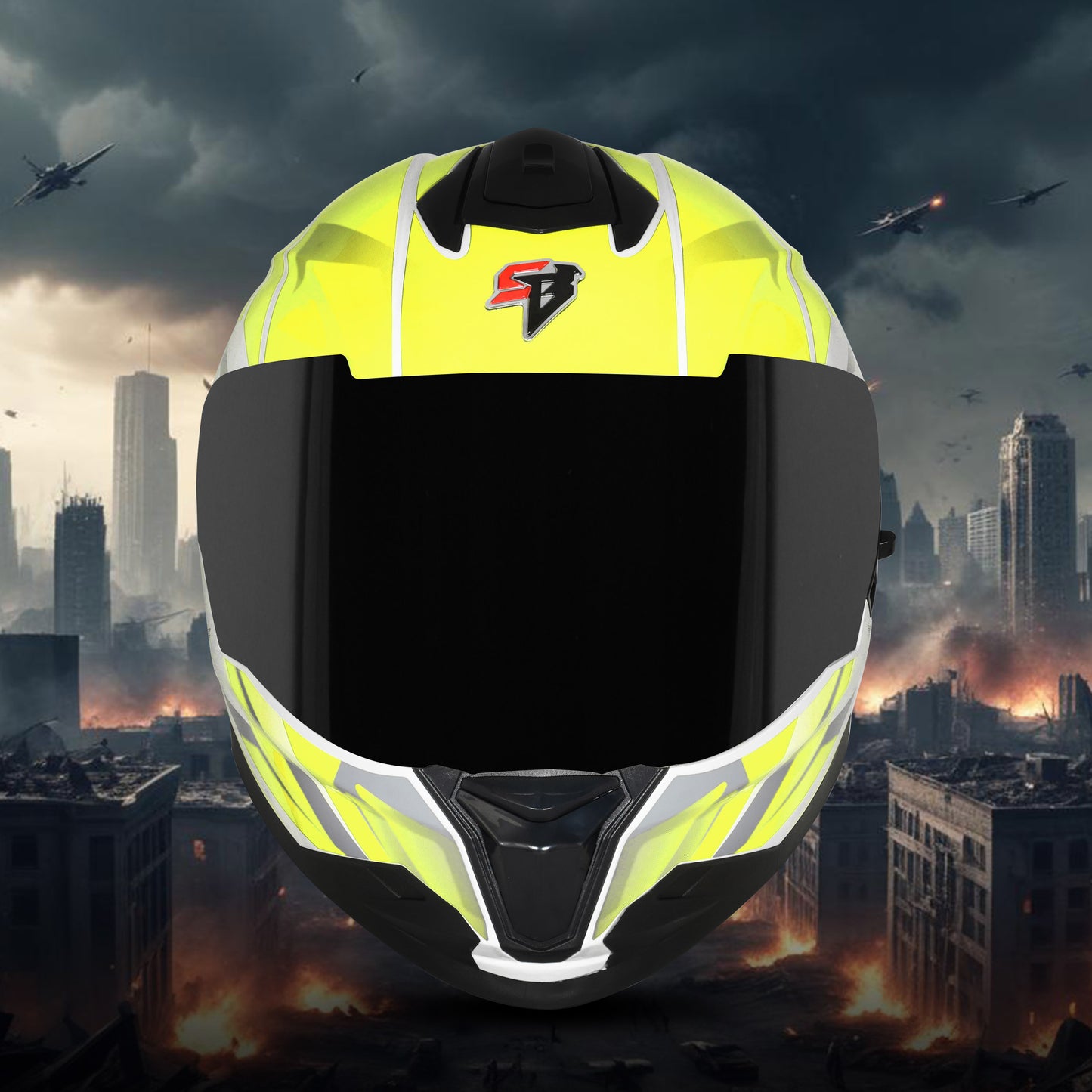 Steelbird SBH-57 Fighter F4 ISI and DOT Certified Full Face Helmet for Men and Women with Inner Silver Sun Shield (Glossy White Fluo Yellow)