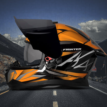 Steelbird SBH-57 Fighter F4 ISI and DOT Certified Full Face Helmet for Men and Women with Inner Silver Sun Shield (Glossy Black Orange)