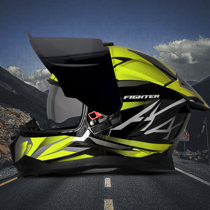 Steelbird SBH-57 Fighter F4 ISI and DOT Certified Full Face Helmet for Men and Women with Inner Silver Sun Shield (Glossy Black Fluo Yellow)