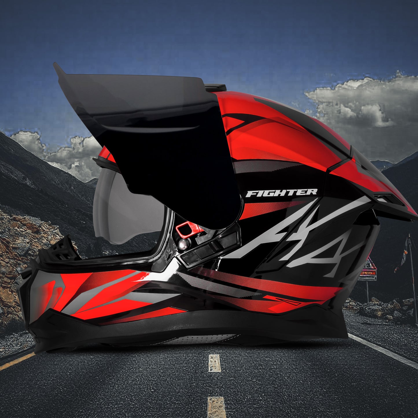 Steelbird SBH-57 Fighter F4 ISI and DOT Certified Full Face Helmet for Men and Women with Inner Silver Sun Shield (Glossy Black Red)