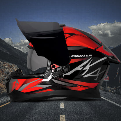 Steelbird SBH-57 Fighter F4 ISI and DOT Certified Full Face Helmet for Men and Women with Inner Silver Sun Shield (Glossy Black Red)