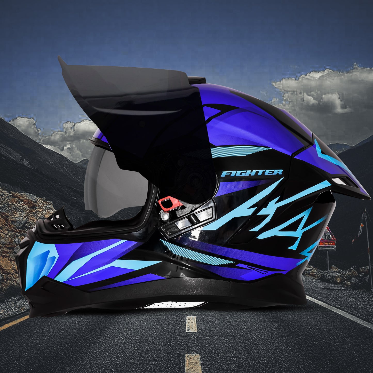 Steelbird SBH-57 Fighter F4 ISI and DOT Certified Full Face Helmet for Men and Women with Inner Silver Sun Shield (Glossy Black Sky Blue)