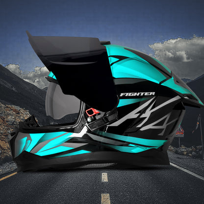 Steelbird SBH-57 Fighter F4 ISI and DOT Certified Full Face Helmet for Men and Women with Inner Silver Sun Shield (Glossy Black Sea Green)