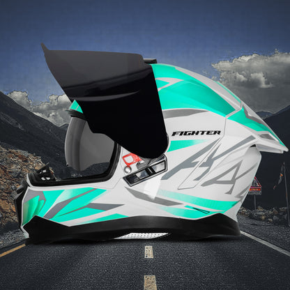 Steelbird SBH-57 Fighter F4 ISI and DOT Certified Full Face Helmet for Men and Women with Inner Silver Sun Shield (Glossy White Sea Green)