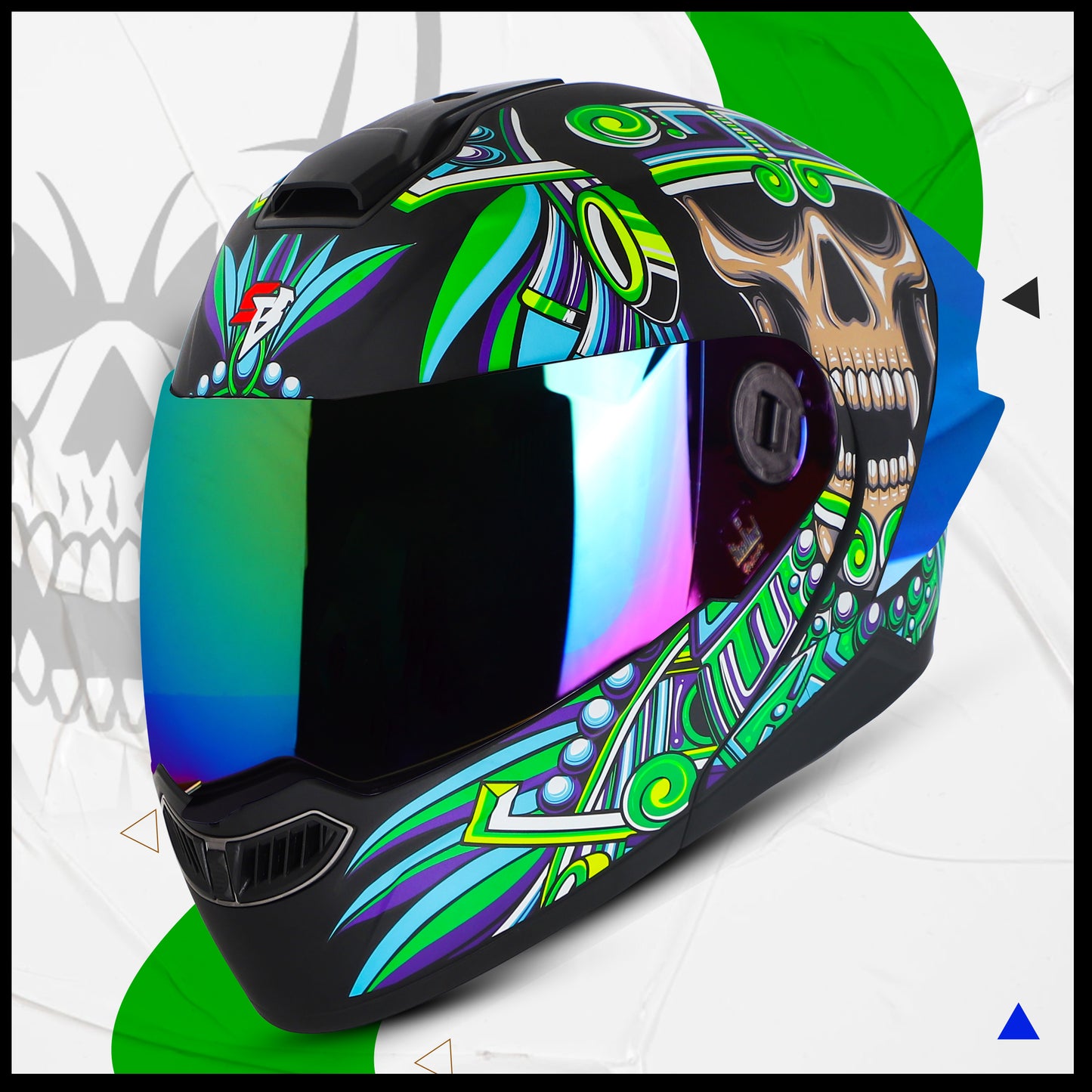 Steelbird SBA-8 Hunt ISI Certified Flip-Up Graphic Helmet for Men and Women with Inner Smoke Sun Shield (Glossy Black Green with Rainbow Spoiler and Chrome Rainbow Visor)