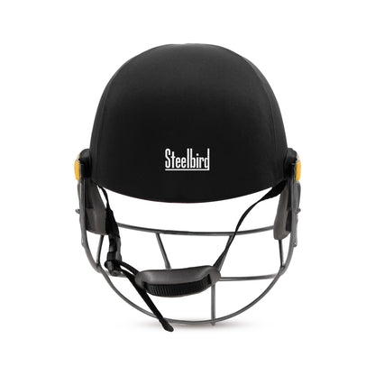 Steelbird Hitz Mild Steel Premium Cricket Helmet for Men & Boys (Fixed Spring Steel Grill | Light Weight) (BlackFabric with Green Interior)