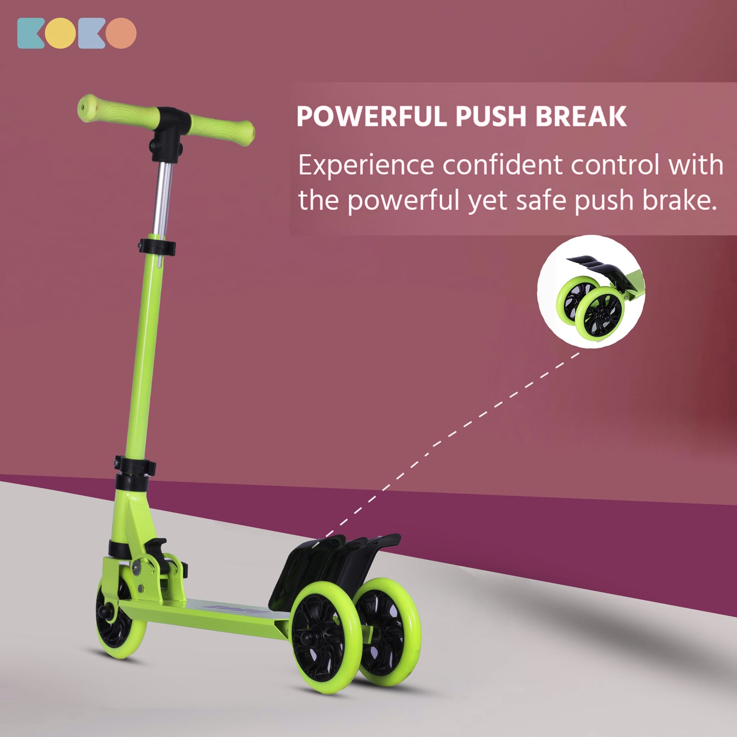 Refurbished Koko Rowdy Kick Skate Scooter with Adjustable Height and Portable, Kids Scooter with Led PVC Wheels for Age 3+ (Max User Weight: 50kg) (Green)