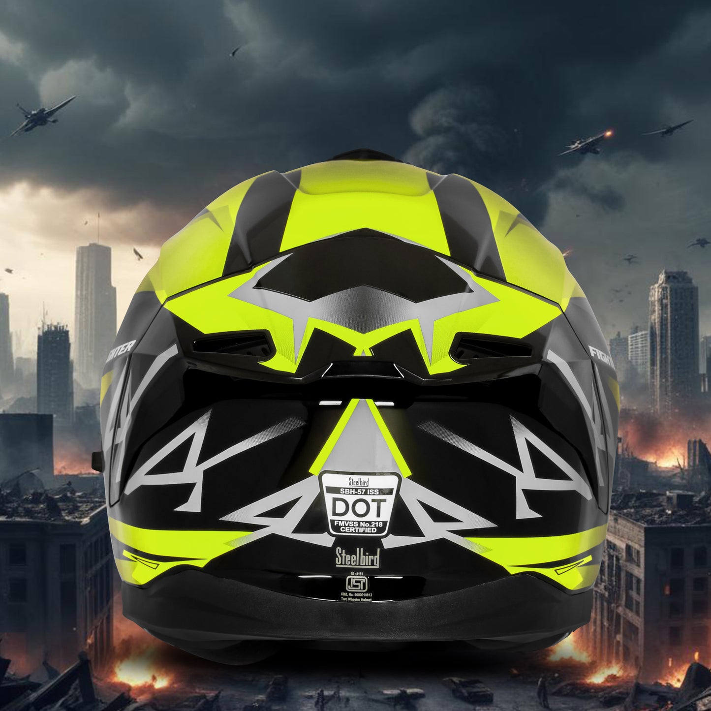 Steelbird SBH-57 Fighter F4 ISI and DOT Certified Full Face Helmet for Men and Women with Inner Silver Sun Shield (Glossy Black Fluo Yellow)
