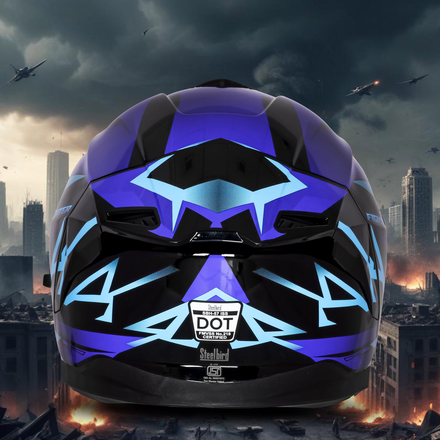 Steelbird SBH-57 Fighter F4 ISI and DOT Certified Full Face Helmet for Men and Women with Inner Silver Sun Shield (Glossy Black Sky Blue)