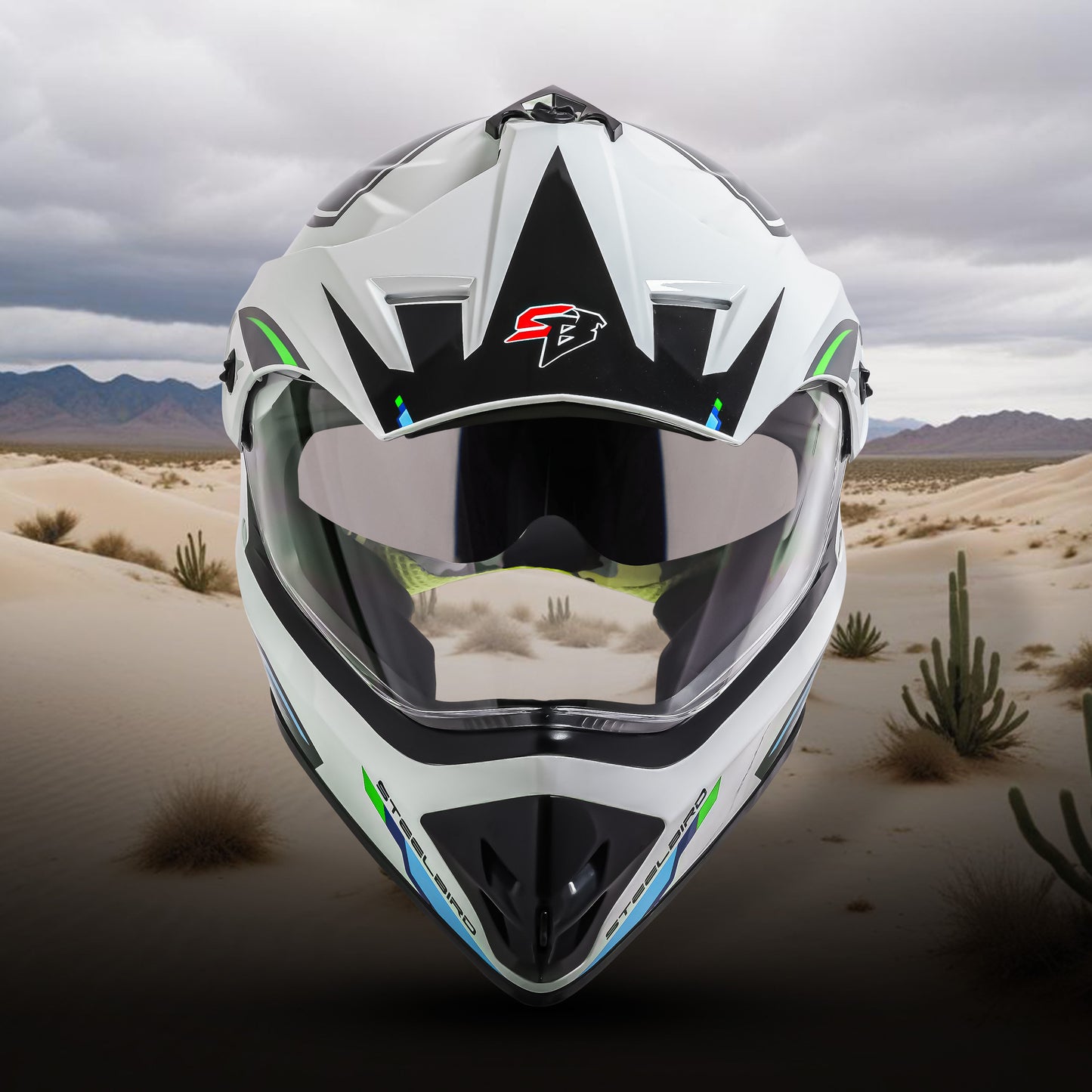 Steelbird Racer Off Road ISI Certified Motocross Double Visor Full Face Graphic Helmet Outer Clear Visor and Inner Silver Sun Shield (Glossy White Green)