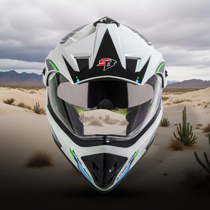 Steelbird Racer Off Road ISI Certified Motocross Double Visor Full Face Graphic Helmet Outer Clear Visor and Inner Silver Sun Shield (Glossy White Green)