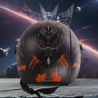 Steelbird SBH-16 Megatron ISI Certified Open Face Graphic Helmet for Men and Women (Glossy Black Orange with Smoke Visor)
