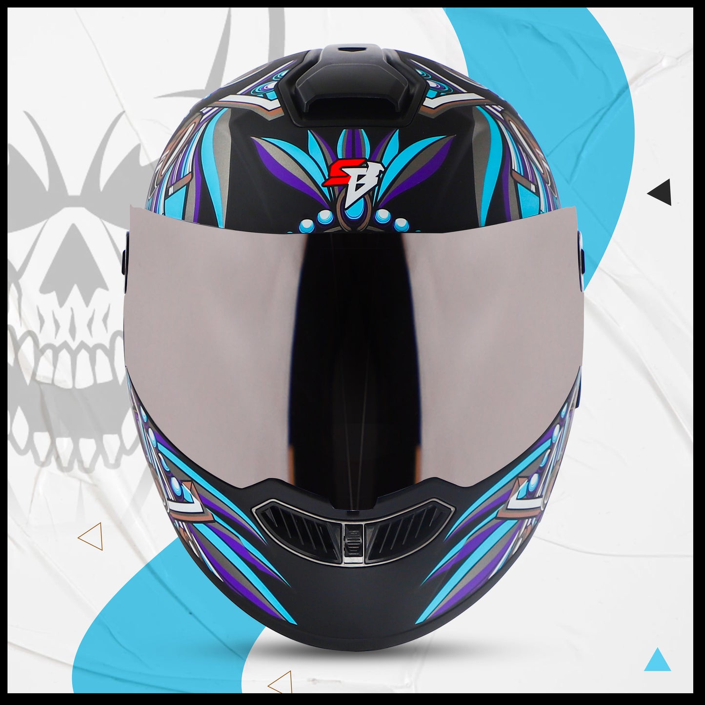 Steelbird SBA-8 Hunt ISI Certified Flip-Up Graphic Helmet for Men and Women with Inner Smoke Sun Shield (Glossy Black Jazz Blue with Silver Spoiler and Chrome Silver Visor)