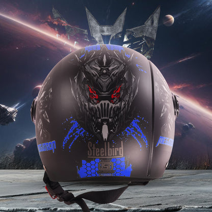 Steelbird SBH-16 Megatron ISI Certified Open Face Graphic Helmet for Men and Women (Glossy Black Dark Blue with Smoke Visor)